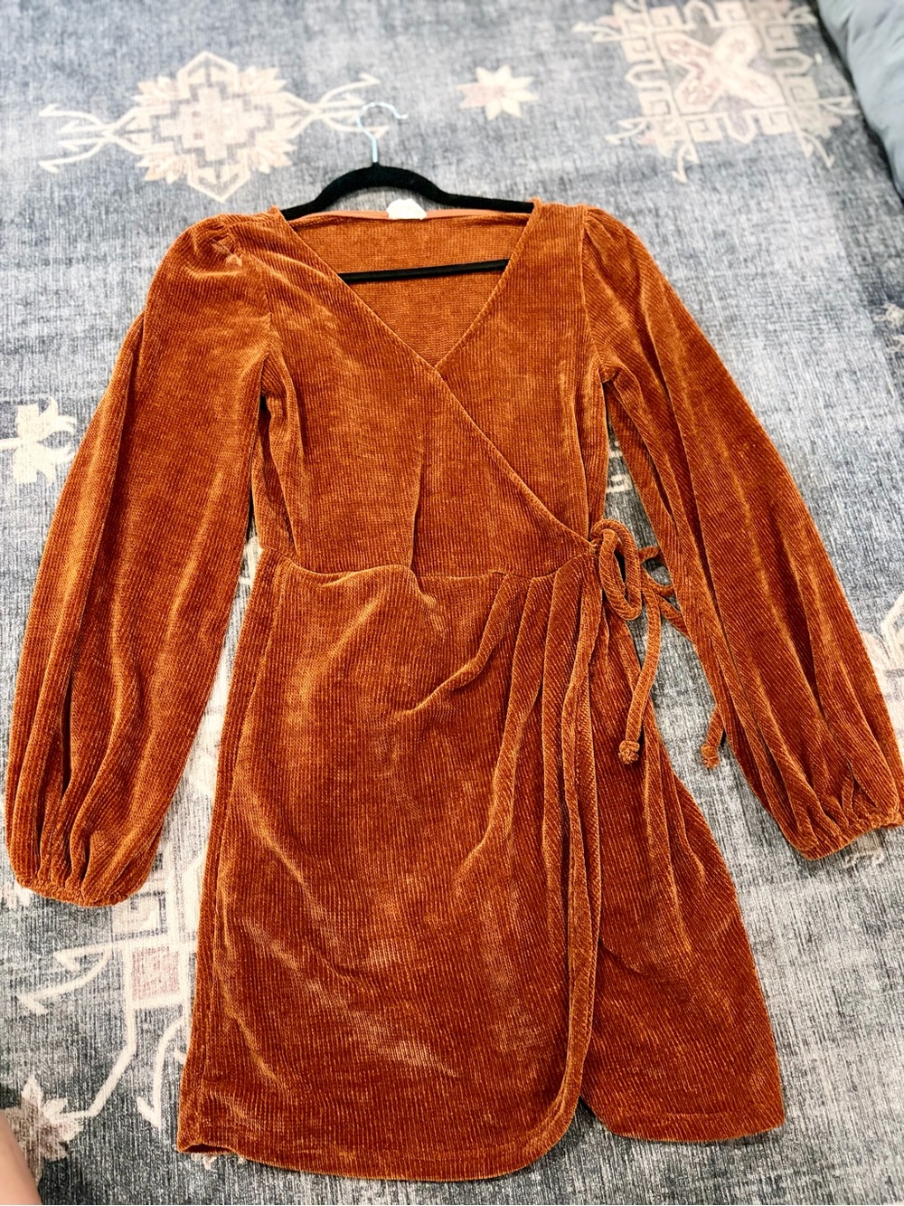Peach Love California Rust Soft Corduroy Faux Wrap Dress with Long Puff Sleeves